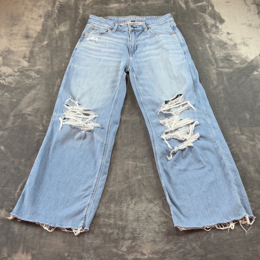 American Eagle Low Rise Baggy Wide Leg Distressed Jeans Light Wash Blue 2 Reg